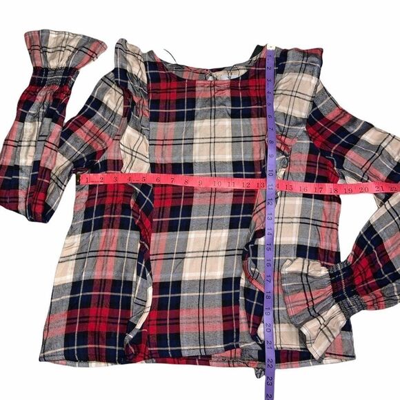 🆕 Kensie Plaid Bell Sleeve Ruffle Check Long Slv - Picture 8 of 9